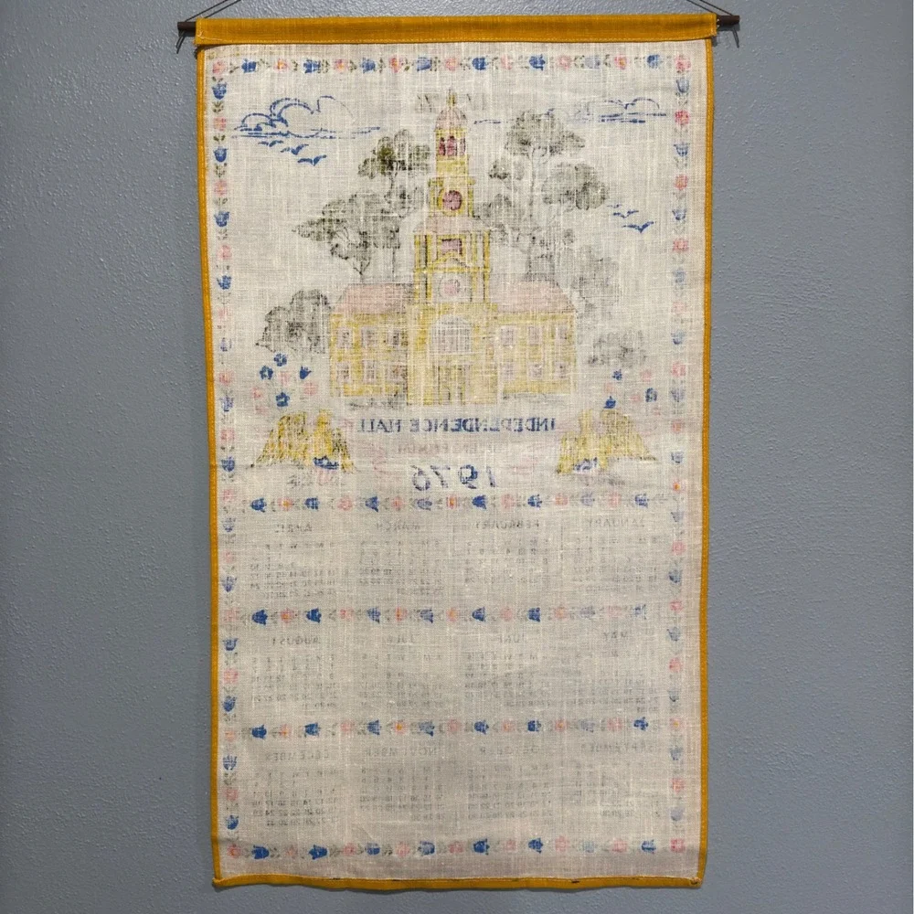Vintage 1976 Independence Hall Bicentennial Linen Calendar Towel Wall Hanging